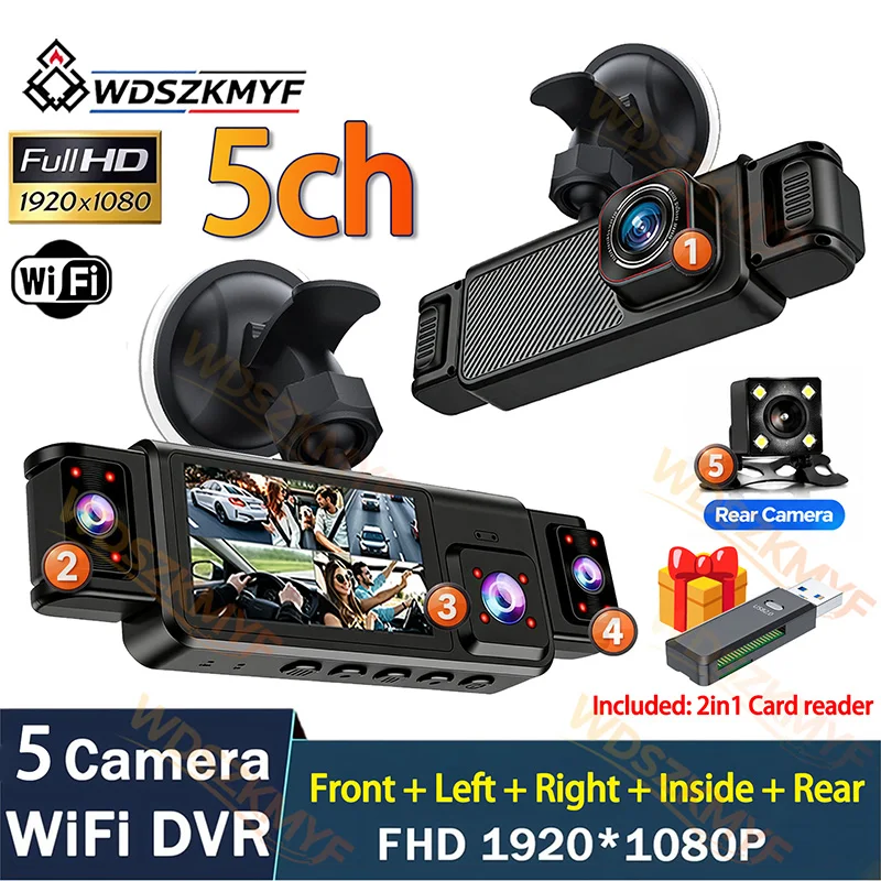 Dash Cam Mirror Backup Camera - New 360° Car DVR 5Channel WiFi
