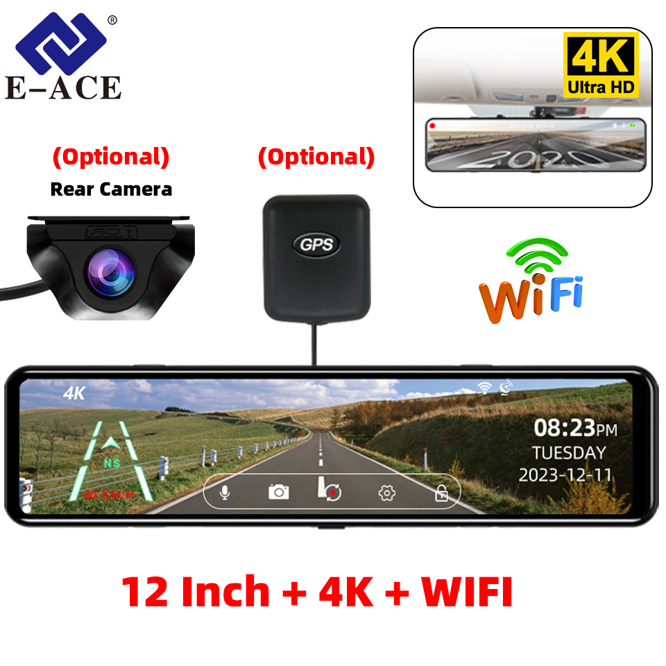 Dash Cam Rear View Mirror 12 Inch - 4K Rearview Mirror Car DVR Recorder