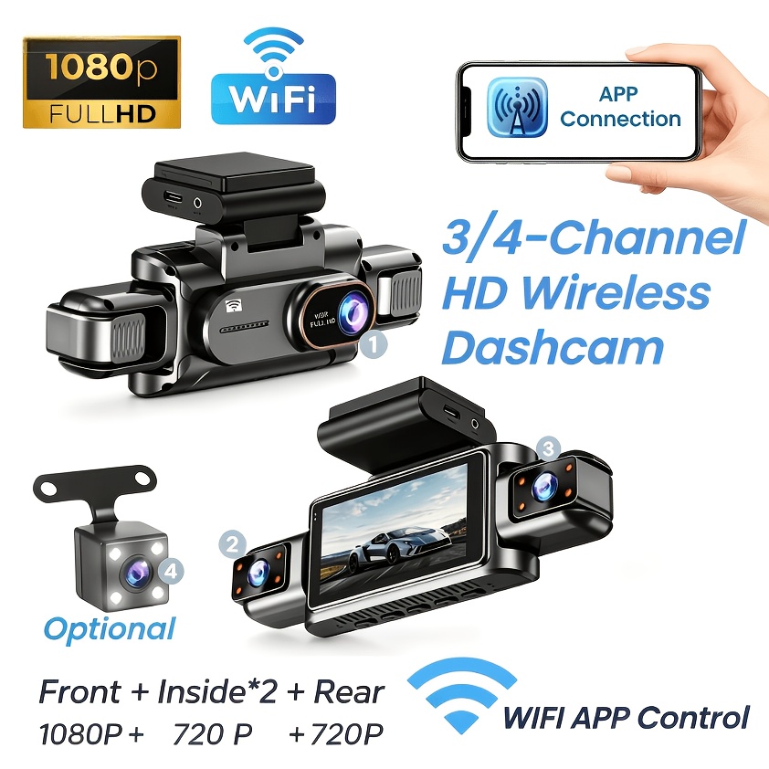 Dash Cam 3 Channel 1080P - 3-4 Channel WiFi Dash Cam, 1080P