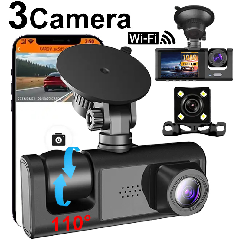 Dash Cam 3 Channel 1080P - Vehicle Recorder Car Dash Cam WiFi