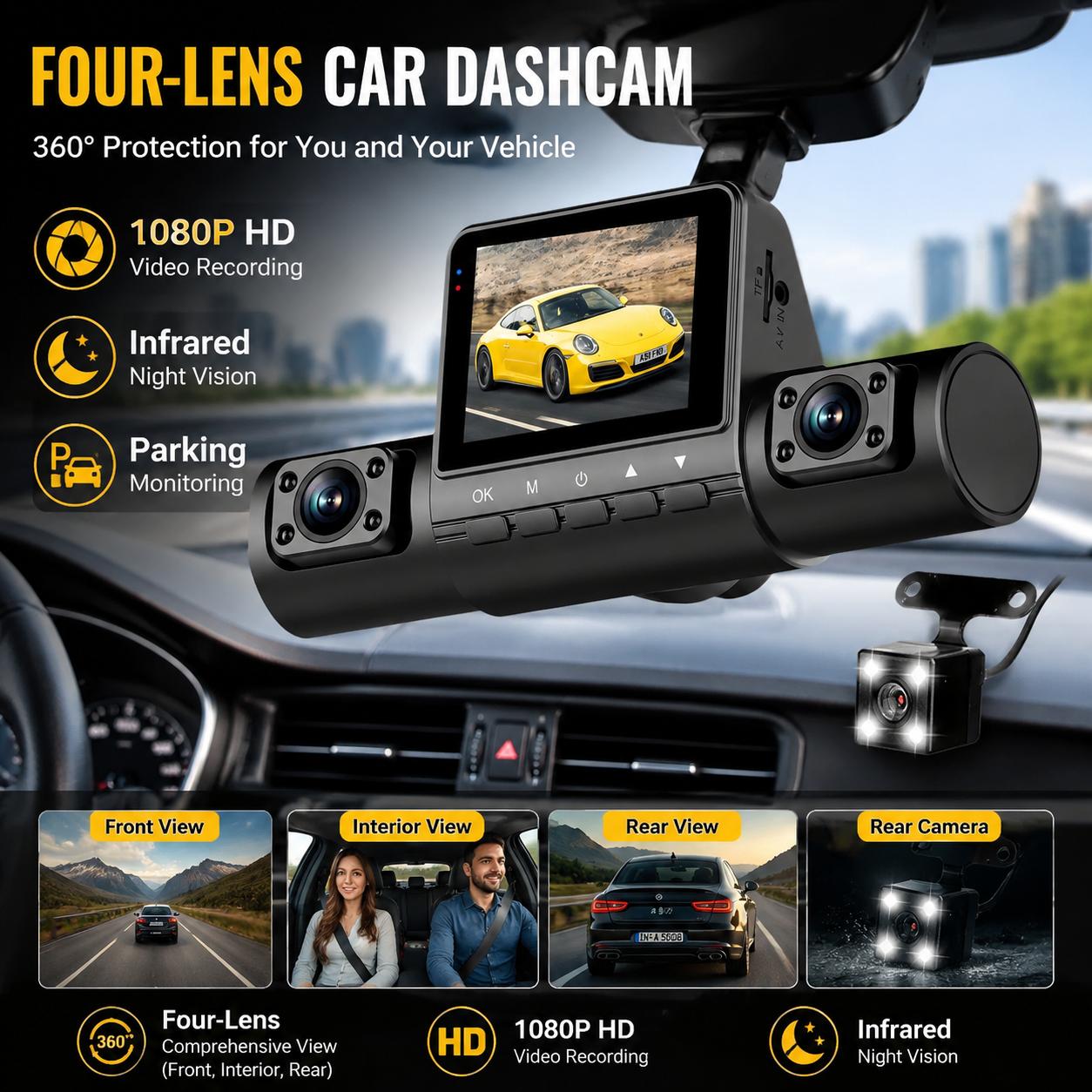 Dash Cam 360 Degree Panoramic - 4 Lens Dash Cam 1080P Full