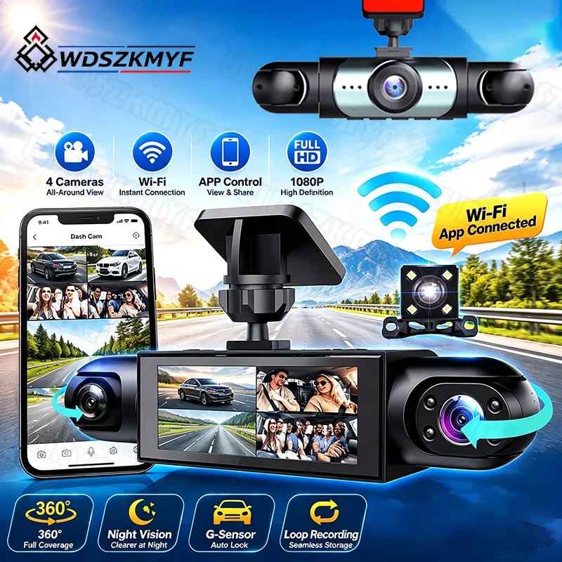 Dash Cam 360 Degree Panoramic - 4Lens Car DVR 360 Degrees Video