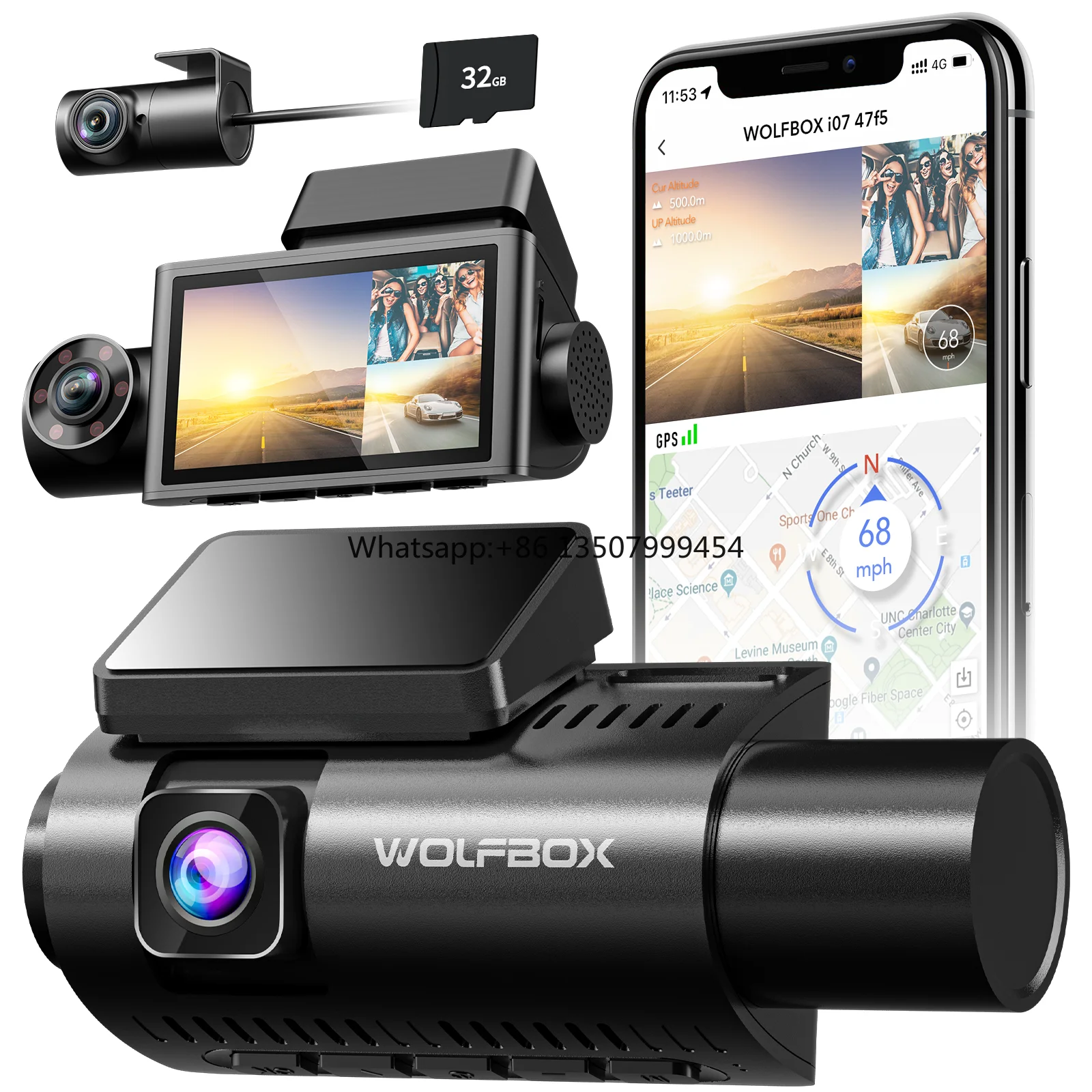 Dash Cam 3 Channel 1080P - Wolfbox I07 4k Front and Inside