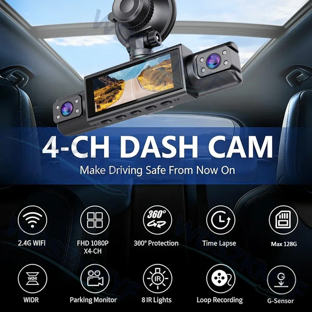 WiFi 4 Channel Dashcam Rear Vi - огляд і ціна Dash Cam 3 Channel 1080P