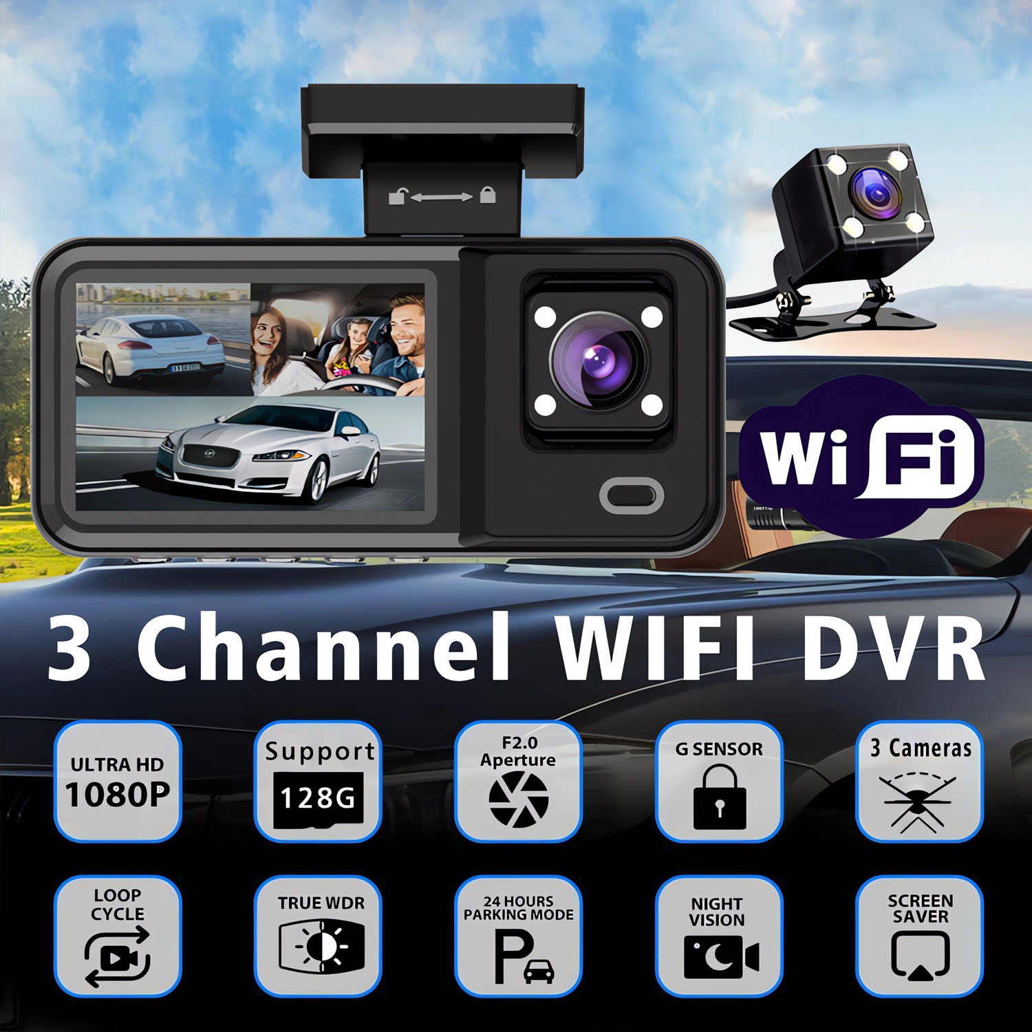3 Channel WIFI Car DVR HD 1080 - огляд і ціна Dash Cam 3 Channel 1080P