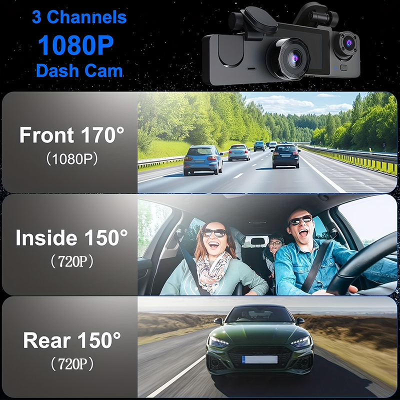 Triple Lens WiFi Dashcam 2/3 C - огляд і ціна Dash Cam 3 Channel 1080P