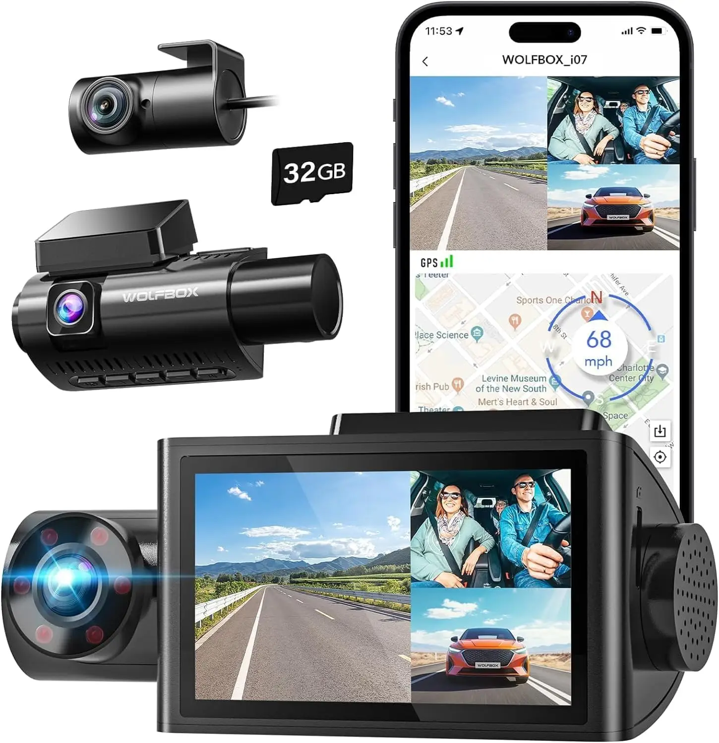 Wolfbox I07 4k Front and Insid - огляд і ціна Dash Cam 3 Channel 1080P
