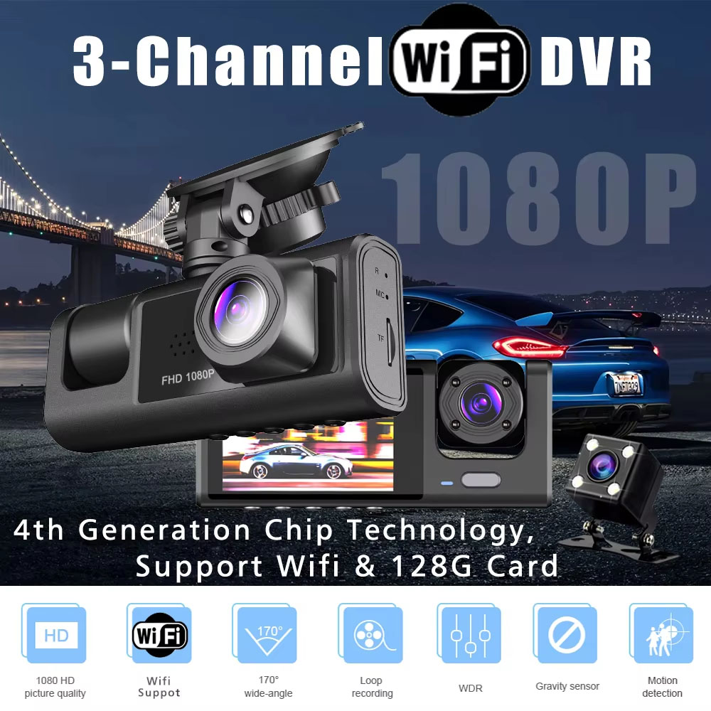 WiFi 3 Channel Car DVR Three W - огляд і ціна Dash Cam 3 Channel 1080P
